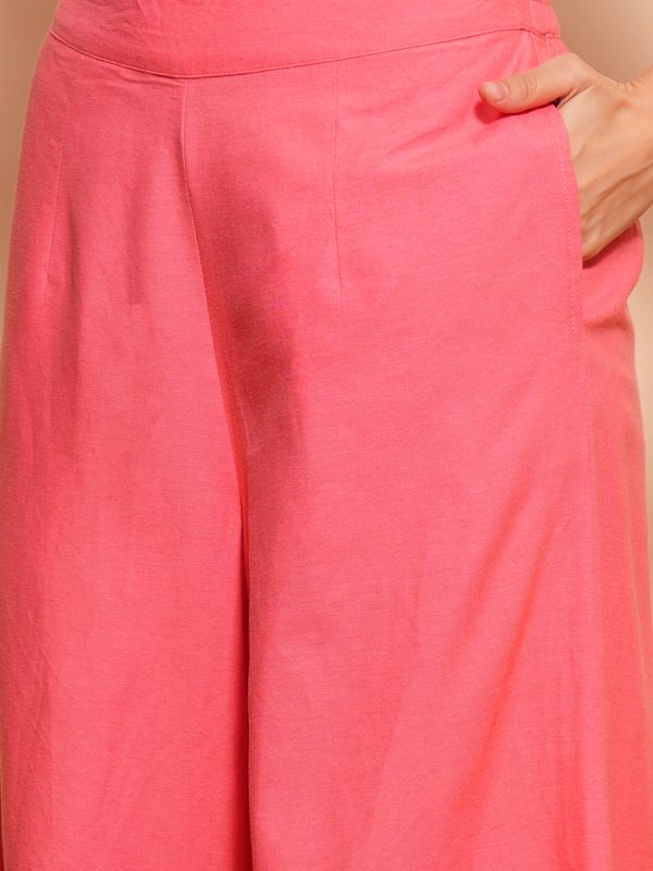 Globus Women Coral One Shoulder Pleated Crop Top & Partially Elasticated Flared Palazzos Co-Ord Set