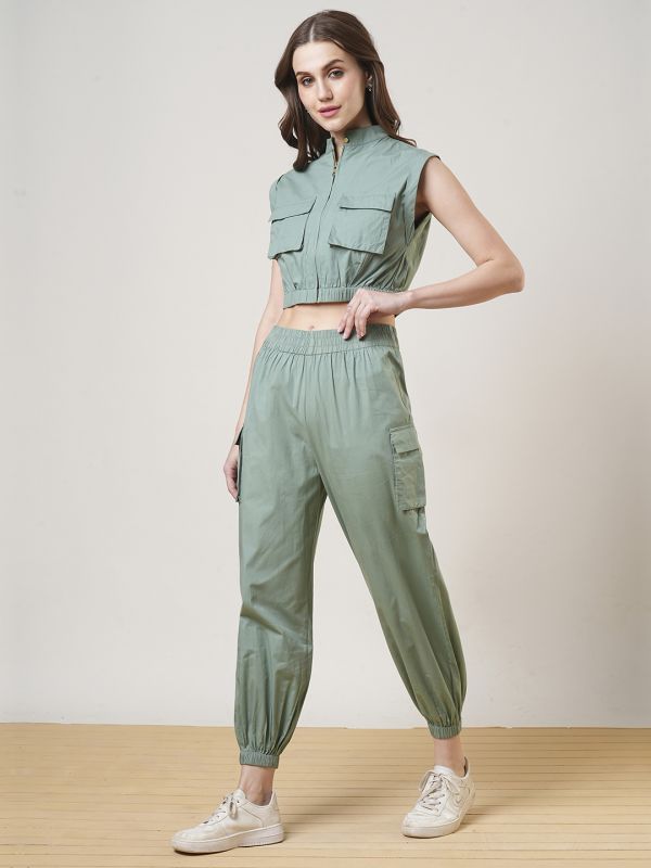 Globus Women Green High Neck Front Zip Crop Top & Elasticated Waist Cargo Style Joggers Co-Ord Set