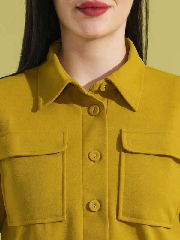 Globus Women Lime Green Shirt Collar Military Inspired Crop Top & Mid Rise Short Co-Ord Set