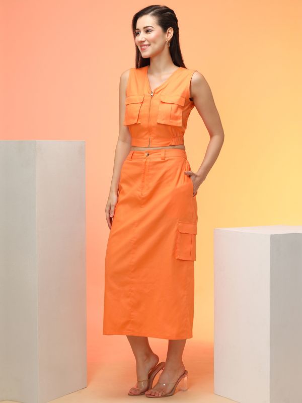 Globus Women Orange Cargo Pocket Detail Crop Top & Midi Skirt Co-Ord Set