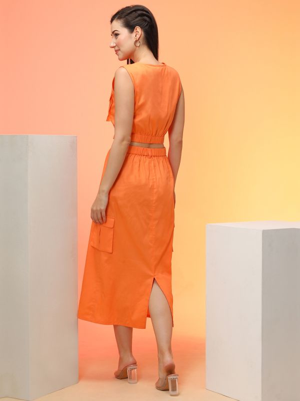Globus Women Orange Cargo Pocket Detail Crop Top & Midi Skirt Co-Ord Set