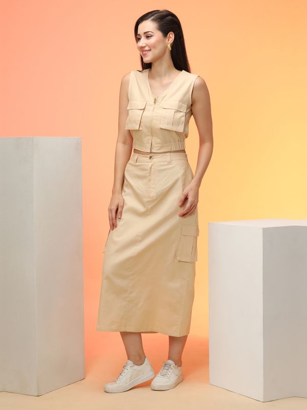 Globus Women Beige Cargo Pocket Detail Crop Top & Midi Skirt Co-Ord Set