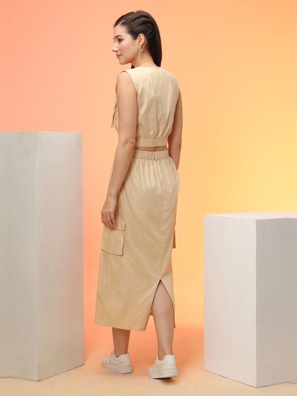 Globus Women Beige Cargo Pocket Detail Crop Top & Midi Skirt Co-Ord Set