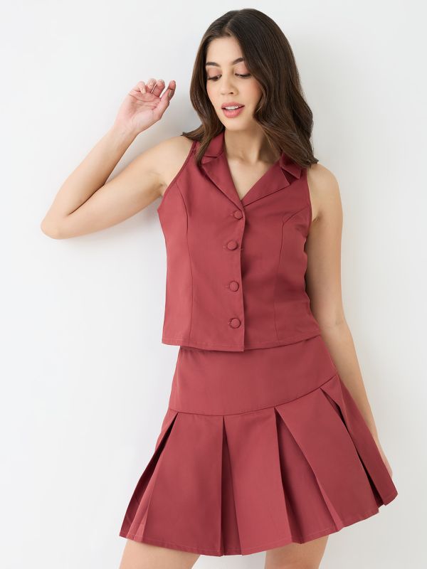 Globus Women Rust Notch Lapel Solid Vest & Pleated Tennis Skirt Co-Ord Set