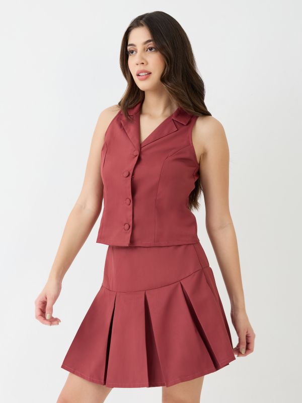 Globus Women Rust Notch Lapel Solid Vest & Pleated Tennis Skirt Co-Ord Set