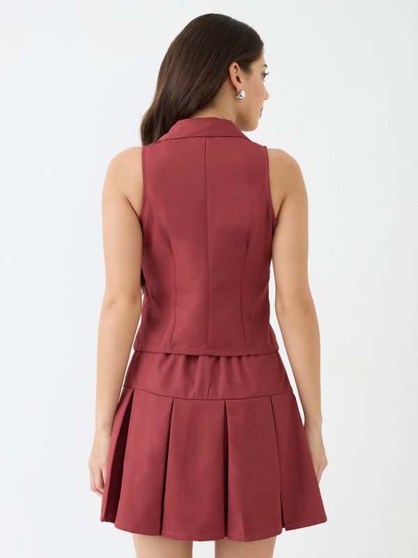 Globus Women Rust Notch Lapel Solid Vest & Pleated Tennis Skirt Co-Ord Set