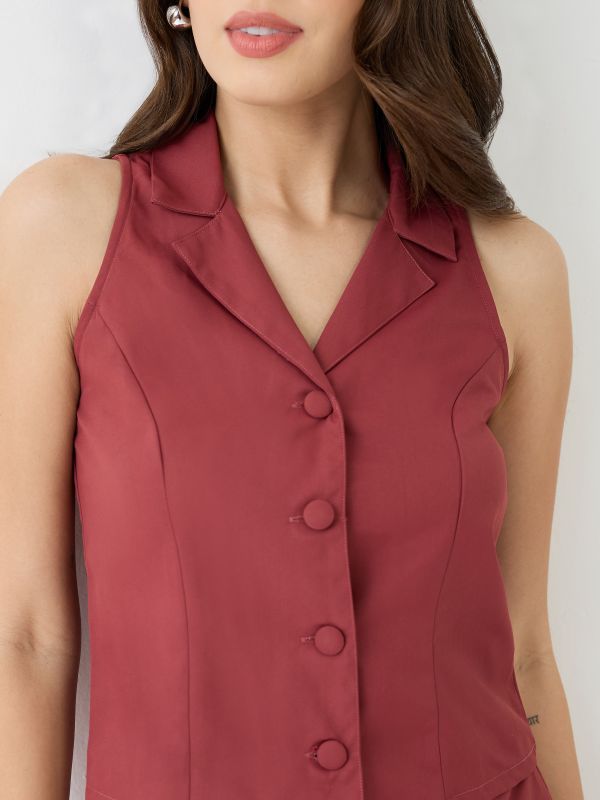 Globus Women Rust Notch Lapel Solid Vest & Pleated Tennis Skirt Co-Ord Set