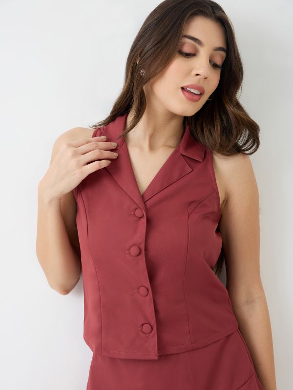 Globus Women Rust Notch Lapel Solid Vest & Pleated Tennis Skirt Co-Ord Set
