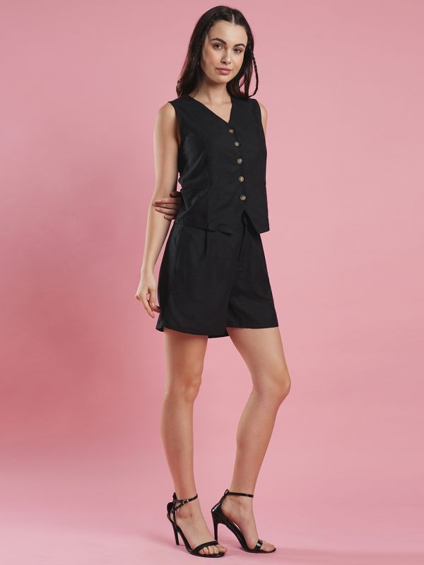 Globus Women Black V-Neck Big Button Front Pockets Waistcoat & Shorts Co-Ord Set