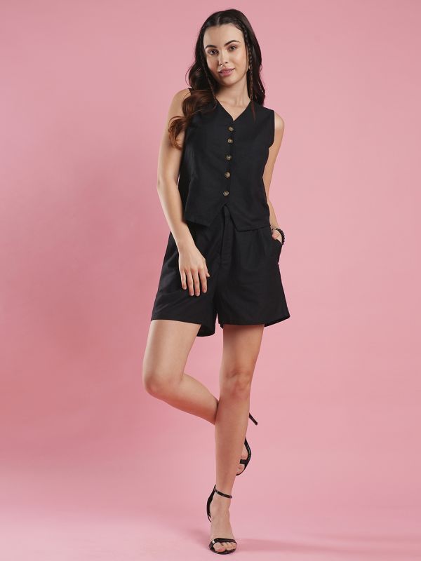 Globus Women Black V-Neck Big Button Front Pockets Waistcoat & Shorts Co-Ord Set