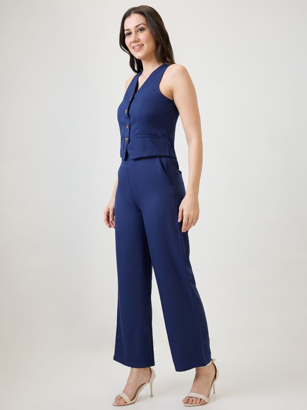 Globus Women Navy Blue V-Neck Solid Front Pocket Detail Waistcoat With Trousers Workwear Co-Ord Set
