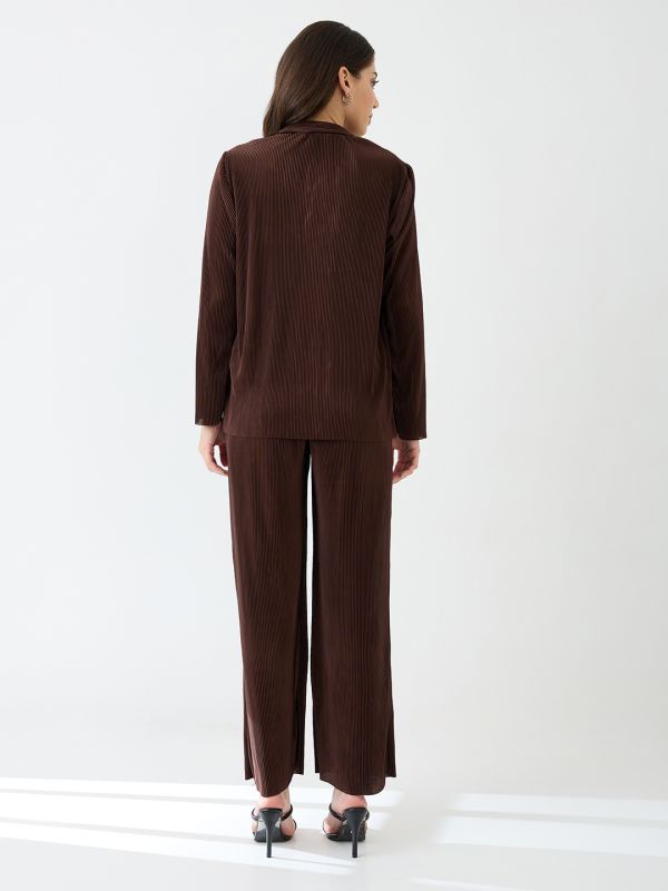 Globus Women Brown Accordion Pleats Shirt With Elasticated Wide-Leg Trousers Plisse Co-Ord Set