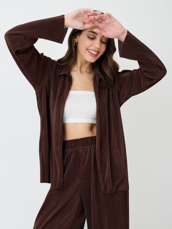 Globus Women Brown Accordion Pleats Shirt With Elasticated Wide-Leg Trousers Plisse Co-Ord Set