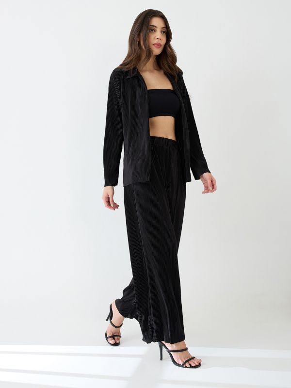 Globus Women Black Accordion Pleats Shirt With Elasticated Wide-Leg Trousers Plisse Co-Ord Set