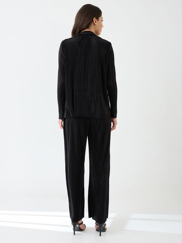 Globus Women Black Accordion Pleats Shirt With Elasticated Wide-Leg Trousers Plisse Co-Ord Set