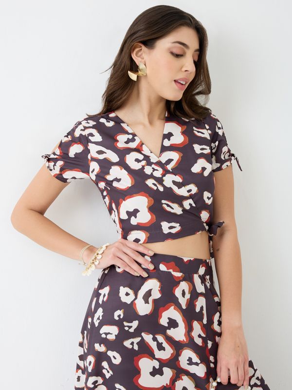 Globus Women Black Wrap Neck Tie-Up Short Sleeves Animal Printed Crop Top & High-Rise Ruffled Maxi Skirt Fusion Co-Ord Set
