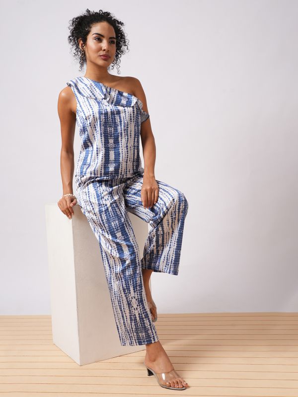 Globus Women Multi-Colour Abstract  Print One Shoulder Ruffle Top & Partially Elasticated Ankle Length Trouser Co-ord Set