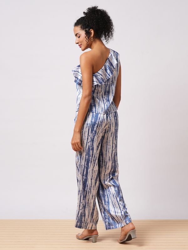 Globus Women Multi-Colour Abstract  Print One Shoulder Ruffle Top & Partially Elasticated Ankle Length Trouser Co-ord Set