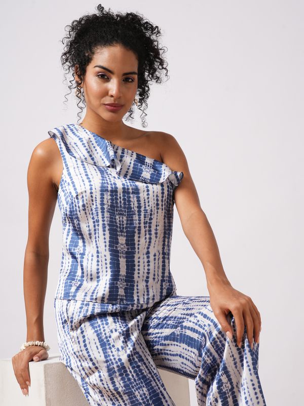 Globus Women Multi-Colour Abstract  Print One Shoulder Ruffle Top & Partially Elasticated Ankle Length Trouser Co-ord Set