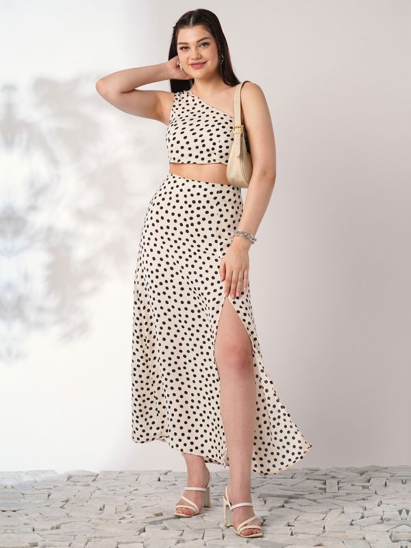 Globus Women Multi Color Polka Print One Shoulder Crop Top With Side Slit Maxi Skirt Co-Ord Set