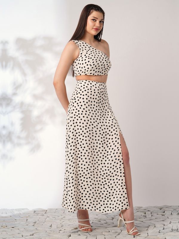 Globus Women Multi Color Polka Print One Shoulder Crop Top With Side Slit Maxi Skirt Co-Ord Set