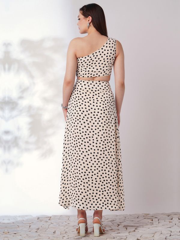 Globus Women Multi Color Polka Print One Shoulder Crop Top With Side Slit Maxi Skirt Co-Ord Set