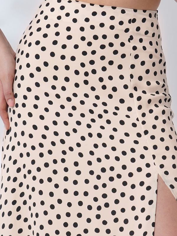 Globus Women Multi Color Polka Print One Shoulder Crop Top With Side Slit Maxi Skirt Co-Ord Set