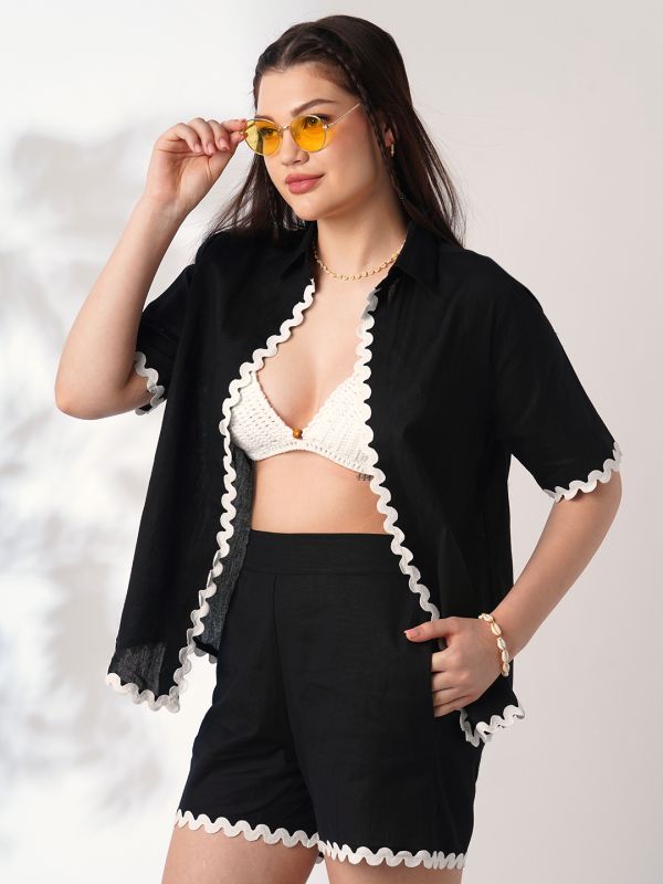 Globus Women Black Collared Neck Lace Detailing Oversized Shirt With Shorts Co-Ords Set