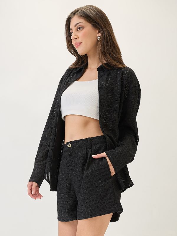 Globus Women Black Collared Neck Cuffed Sleeves Crochet Shirt Style Top with Shorts Co-ords Set