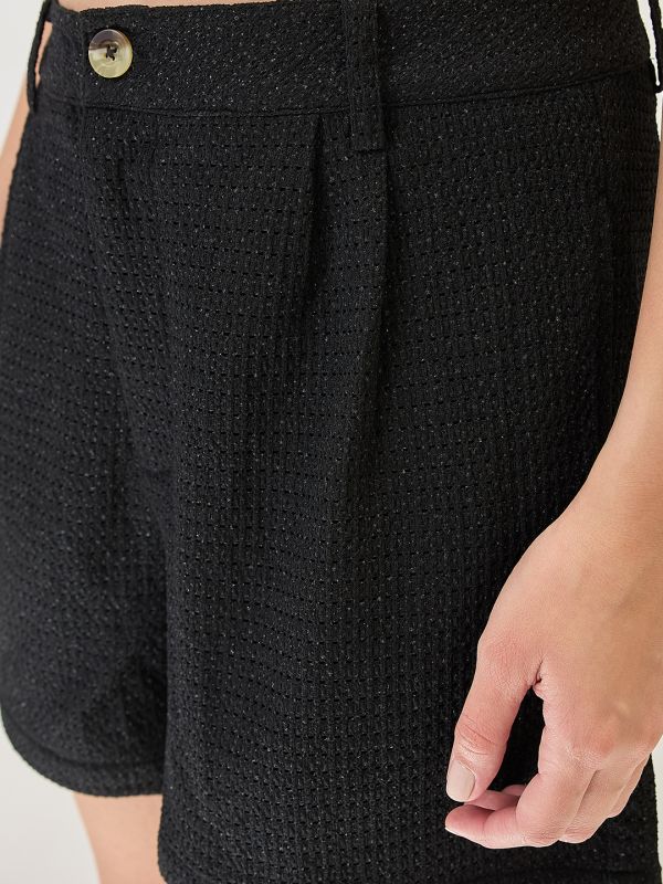 Globus Women Black Collared Neck Cuffed Sleeves Crochet Shirt Style Top with Shorts Co-ords Set