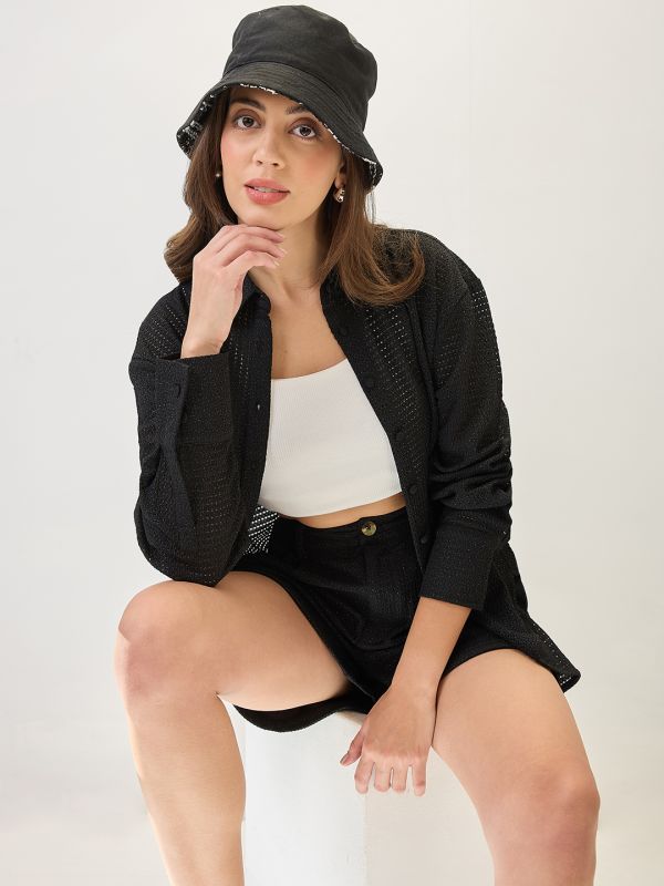 Globus Women Black Collared Neck Cuffed Sleeves Crochet Shirt Style Top with Shorts Co-ords Set