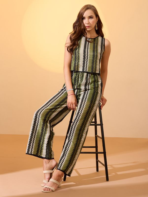 Globus Women Green Chevron Print Crochet Round Neck Boxy Fit Crop Top with Trousers Resort Co-Ord Set