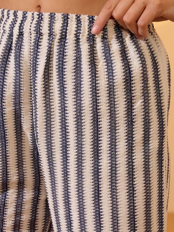 Globus Women Off White Chevron Print Crochet Round Neck Boxy Fit Crop Top with Trousers Resort Co-Ord Set