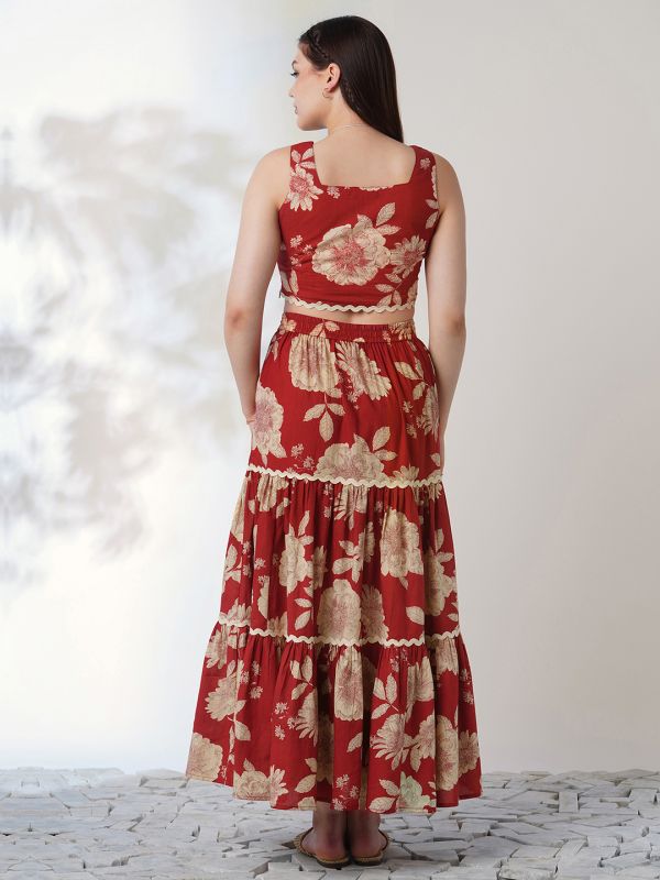 Globus Women Red Floral Print Square Neck Lace Insert Crop Top With Tiered Maxi Skirt Ethnic Co-Ord Set