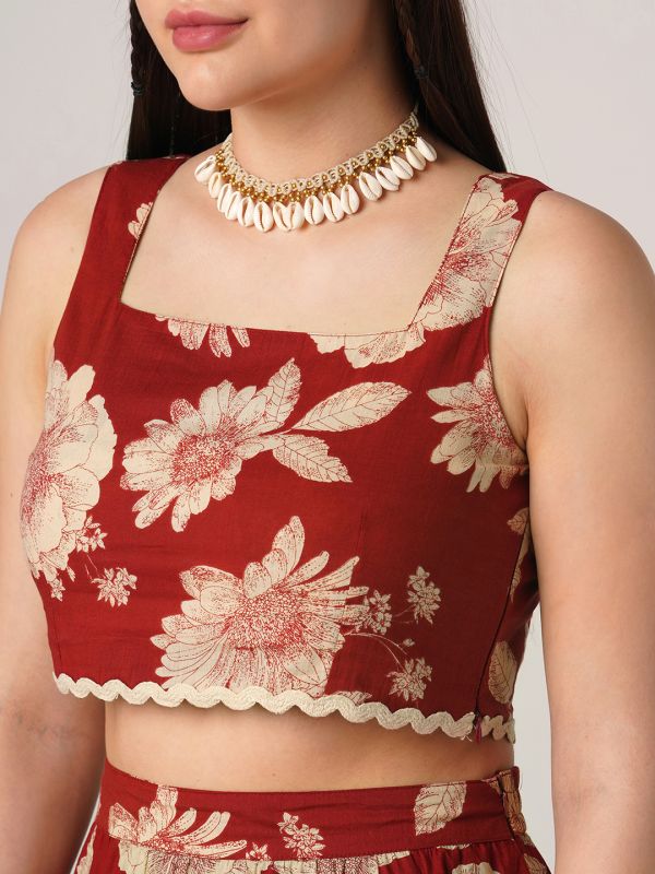 Globus Women Red Floral Print Square Neck Lace Insert Crop Top With Tiered Maxi Skirt Ethnic Co-Ord Set