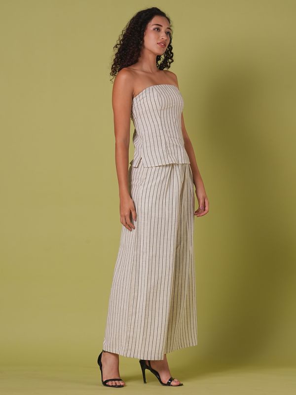 Globus Women Beige Striped Pattern Smocked Off Shoulder Top With Wide Leg Trousers Co-Ord Set