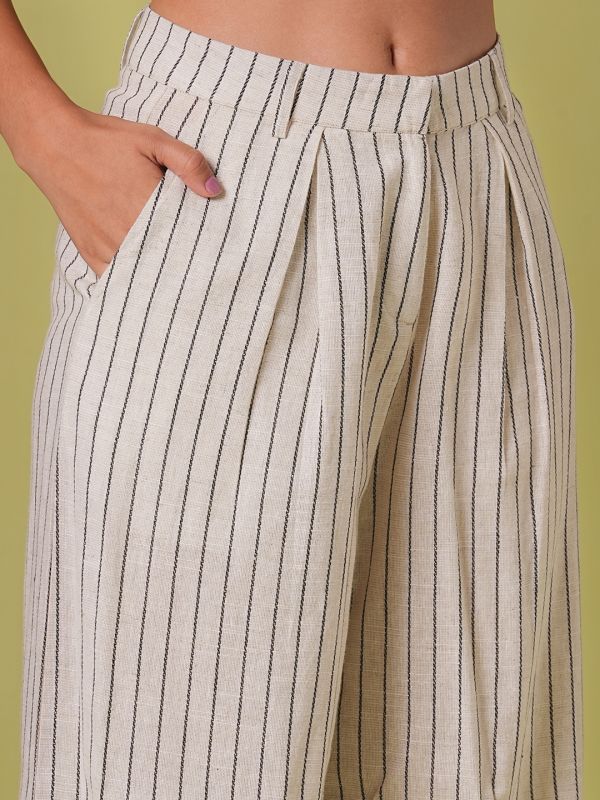 Globus Women Beige Striped Pattern Smocked Off Shoulder Top With Wide Leg Trousers Co-Ord Set