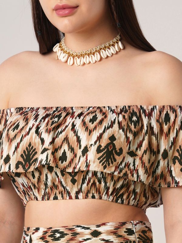 Globus Women Brown Ikat Print Off Shoulder Ruffle Fitted Crop Top With Side Slit Maxi Skirt Co-ord Set