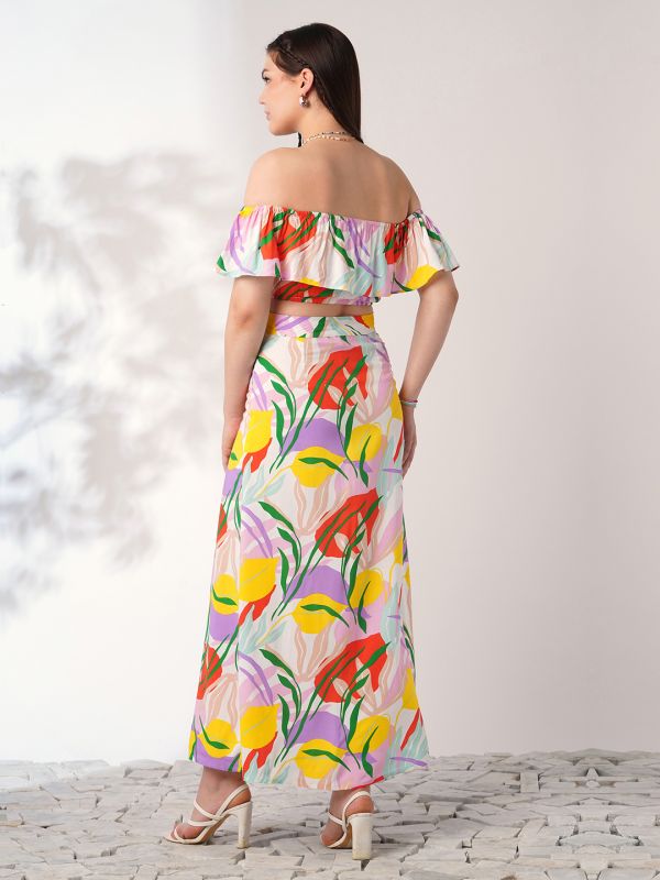 Globus Women Multi Color Floral Print Off Shoulder Ruffle Fitted Crop Top With Side Slit Maxi Skirt Co-ord Set