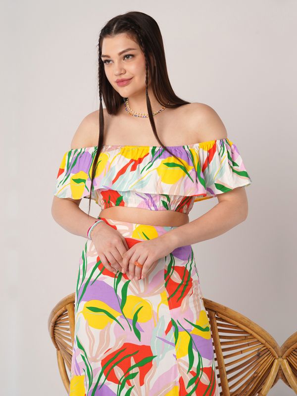 Globus Women Multi Color Floral Print Off Shoulder Ruffle Fitted Crop Top With Side Slit Maxi Skirt Co-ord Set