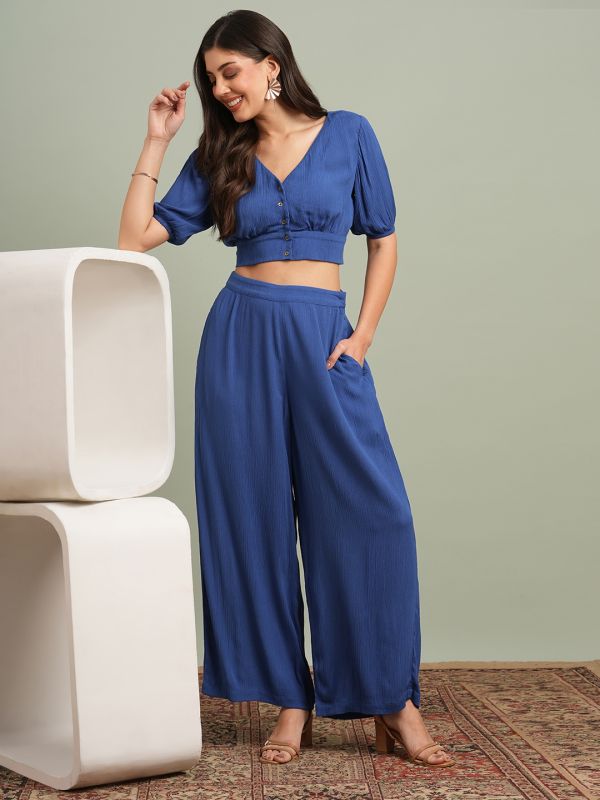 Globus Women Blue V-Neck Self Design Button Detail Crop Top with Wide Leg Trousers Co-Ord Set