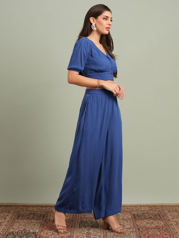 Globus Women Blue V-Neck Self Design Button Detail Crop Top with Wide Leg Trousers Co-Ord Set