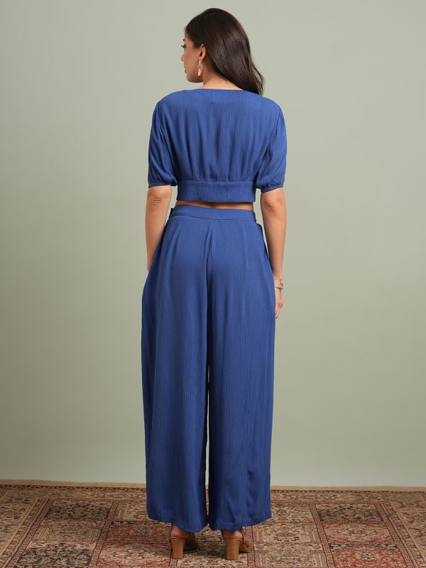 Globus Women Blue V-Neck Self Design Button Detail Crop Top with Wide Leg Trousers Co-Ord Set