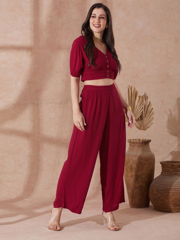 Globus Women Pink V-Neck Self Design Button Detail Crop Top with Wide Leg Trousers Co-Ord Set
