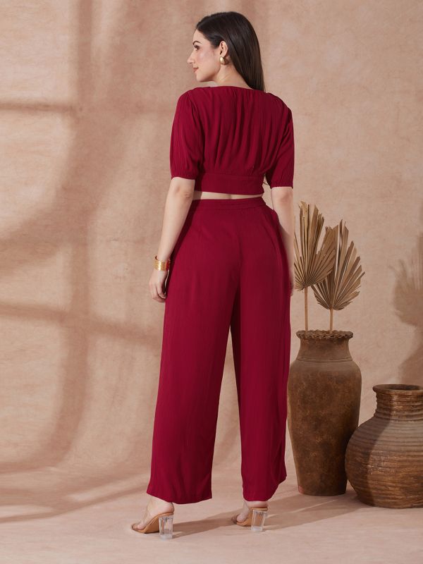 Globus Women Pink V-Neck Self Design Button Detail Crop Top with Wide Leg Trousers Co-Ord Set