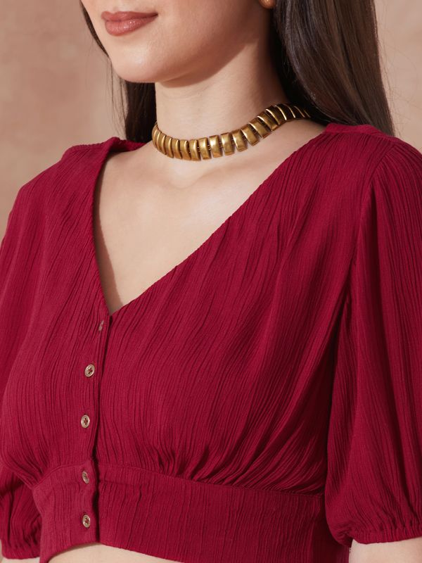 Globus Women Pink V-Neck Self Design Button Detail Crop Top with Wide Leg Trousers Co-Ord Set