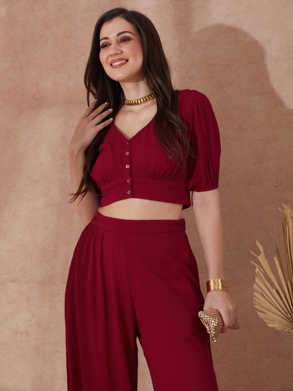 Globus Women Pink V-Neck Self Design Button Detail Crop Top with Wide Leg Trousers Co-Ord Set