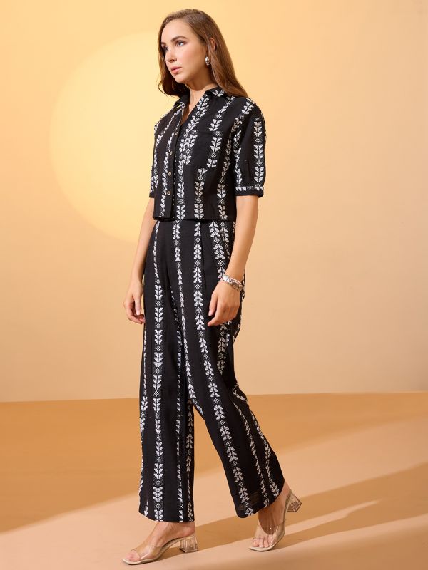 Globus Women Black Self Design Collared Neck Boxy Fit Crop Shirt with Wide Leg Trousers Resort Co-Ords Set