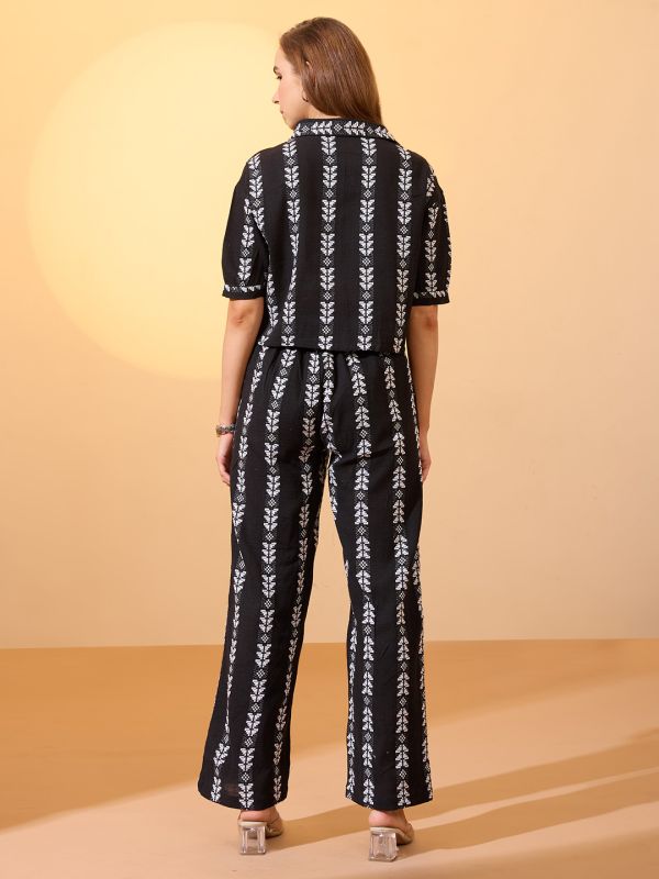 Globus Women Black Self Design Collared Neck Boxy Fit Crop Shirt with Wide Leg Trousers Resort Co-Ords Set
