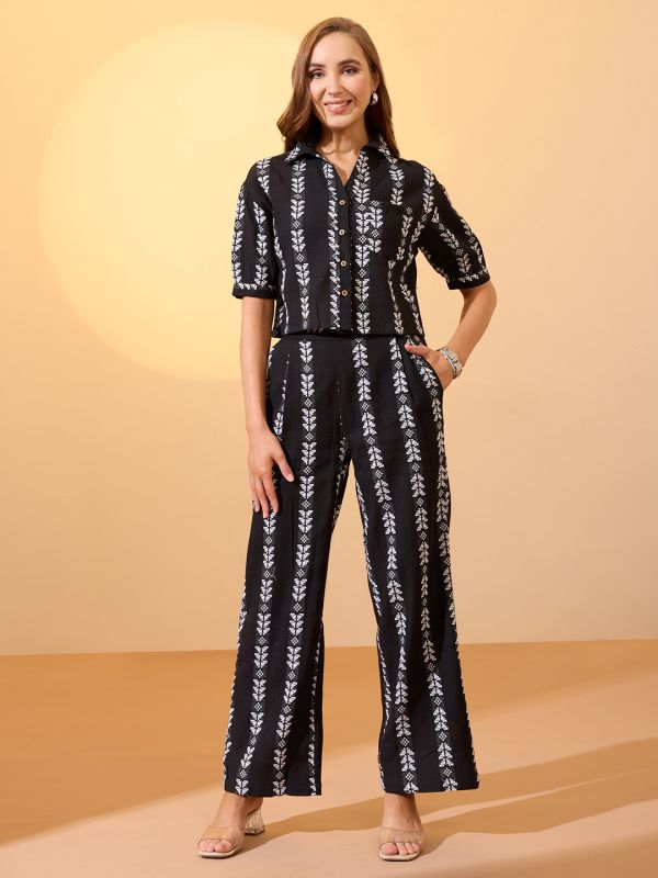Globus Women Black Self Design Collared Neck Boxy Fit Crop Shirt with Wide Leg Trousers Resort Co-Ords Set